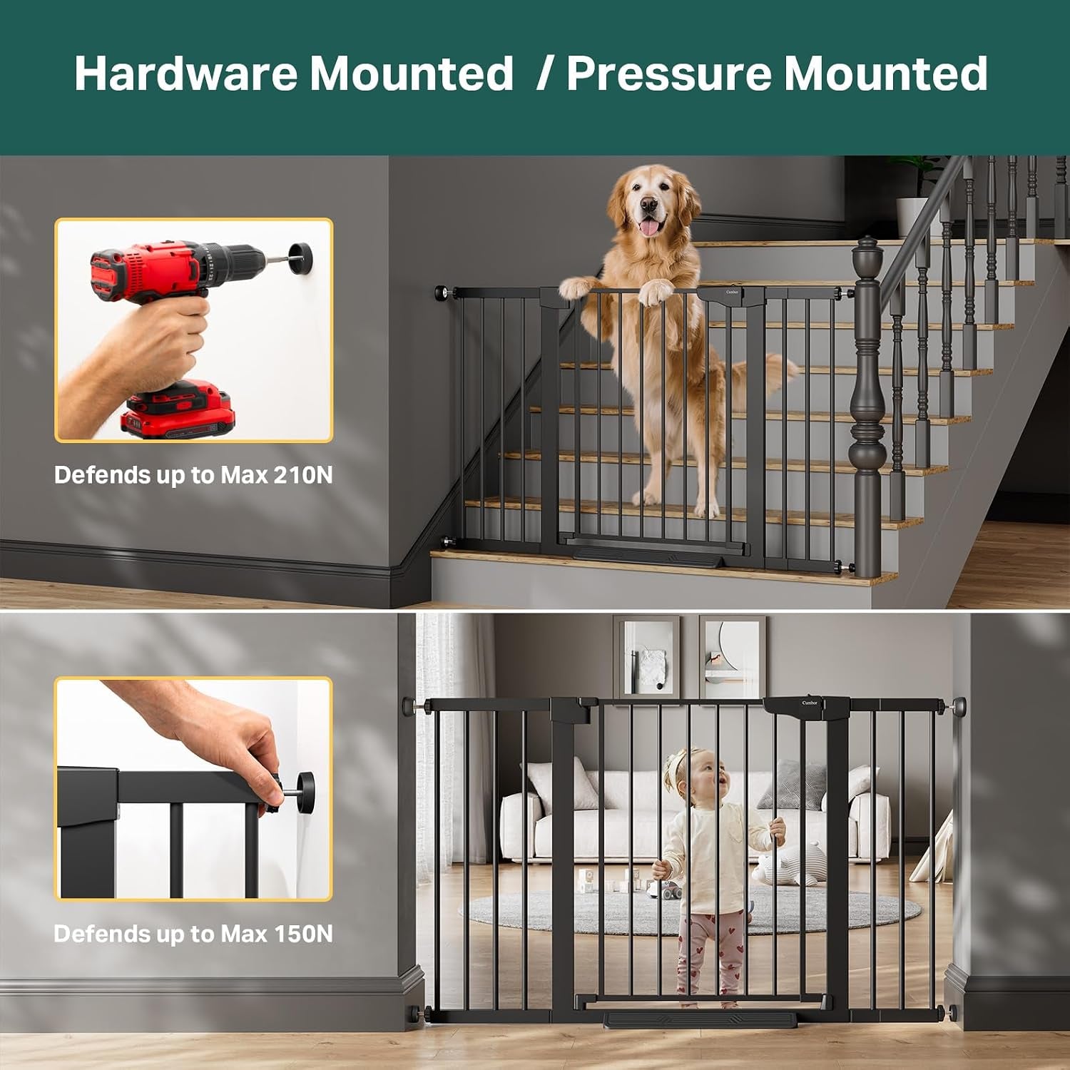 29.7-51.5 in Extra Wide Baby Gate for Stairs, Dog Gate Indoor Black | Mom'S Choice Awards Winner, Auto Close with Double Lock for Doorways, Child Gate for Toddlers & Pets, Pressure Mounted