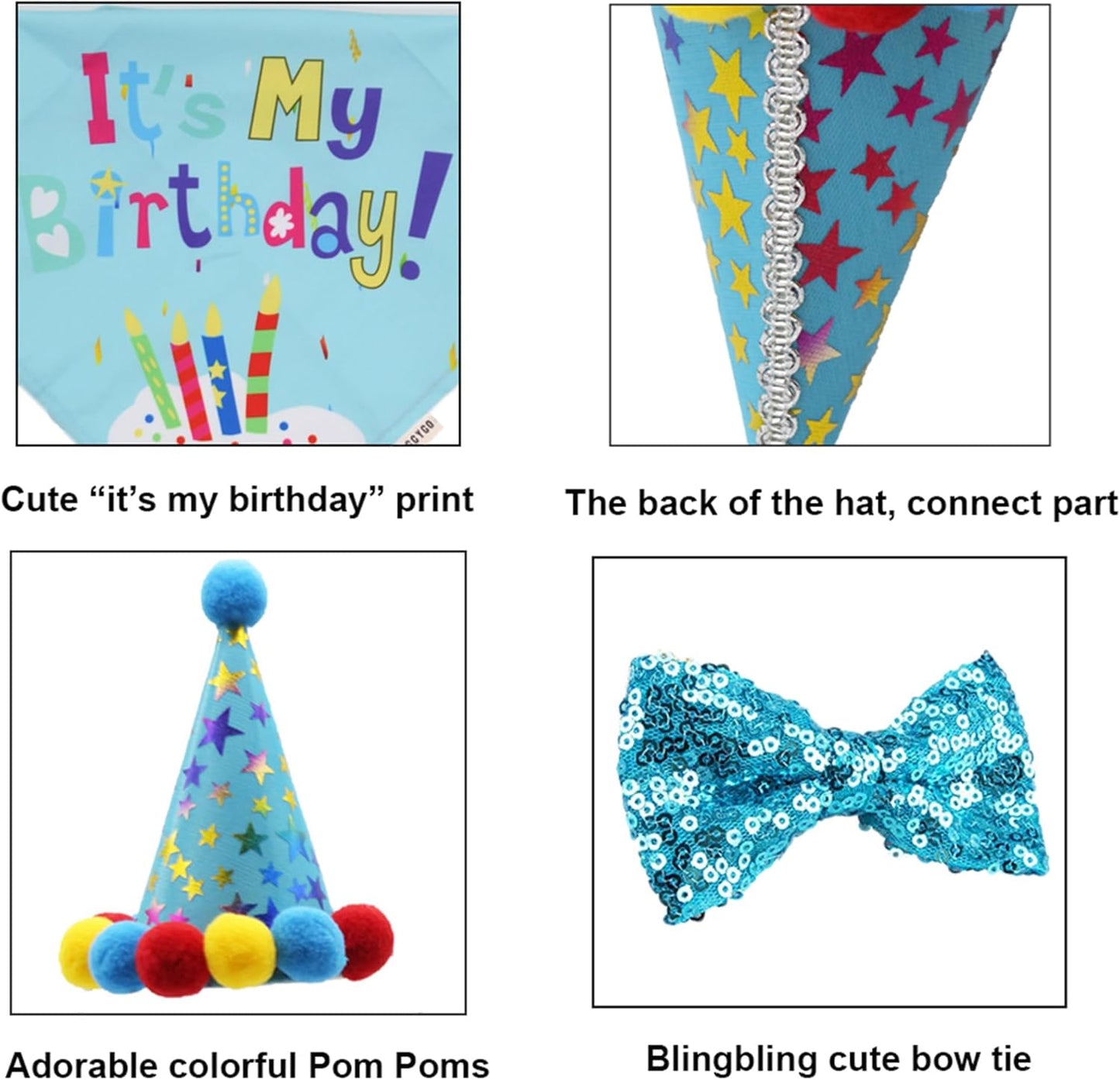Dog Birthday Hat, Blue Birthday Boy Bandana with Bow Tie, Large | 3 Sizes, It'S My Birthday Dog Bandana, Colorful Pom Pom Hat, Bow Tie & Age Numbers for Medium Large Dogs