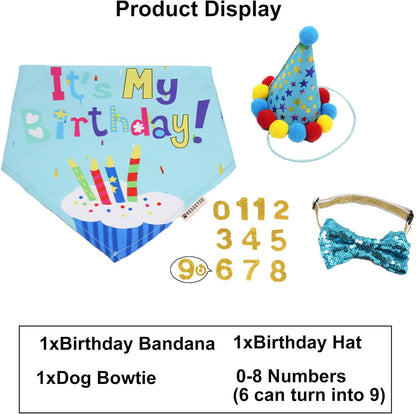 Dog Birthday Hat, Blue Birthday Boy Bandana with Bow Tie, Large | 3 Sizes, It'S My Birthday Dog Bandana, Colorful Pom Pom Hat, Bow Tie & Age Numbers for Medium Large Dogs